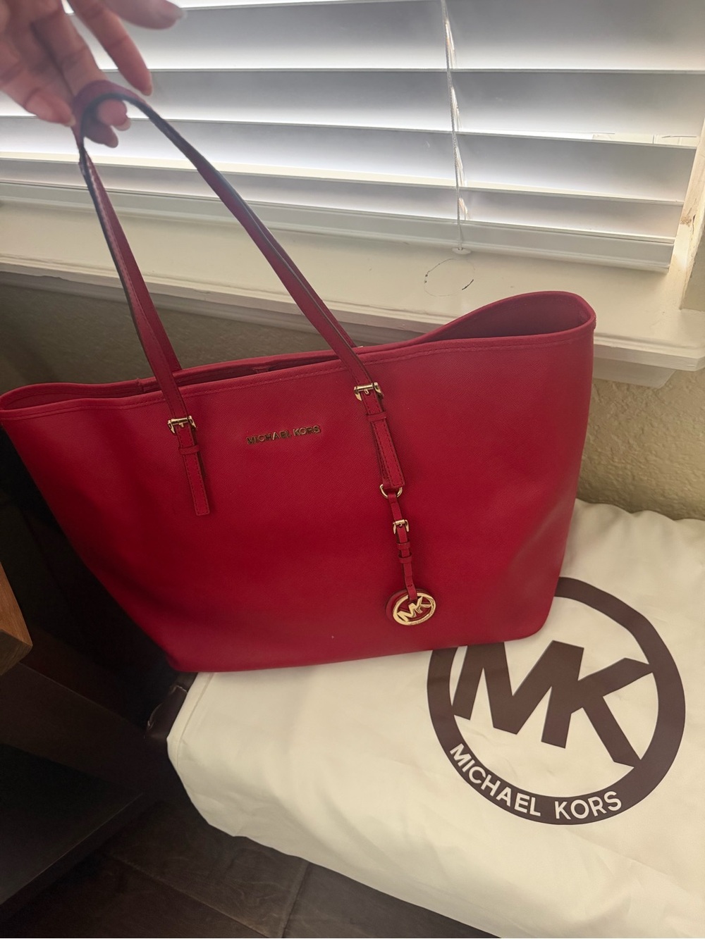 Michael Kors Red Leather Tote with Gold MK Charm